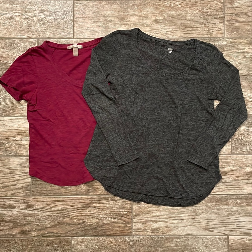 Set of 2 Slub Knit Long & Short Sleeve Tees - Maroon SS, Dark Gary LS